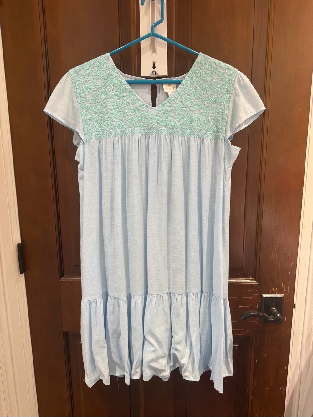 Light Blue Embroidered Yoke Mini Dress